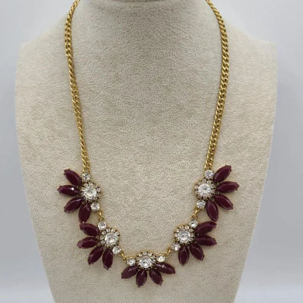J Crew Burgundy Clear Crystal Flower Necklace NWOT! NEW!